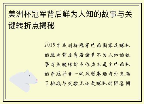 美洲杯冠军背后鲜为人知的故事与关键转折点揭秘
